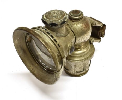 A 1920'S JOSEPH LUCAS 'KING OF THE ROAD' NO. 260 CARBIDE MOTORCYCLE LAMP  regulation pattern, 17cm high