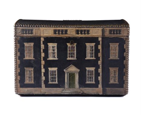 AN UNUSUAL PAINTED 'COUNTRY HOUSE' BOX OR TRUNK LATE 18TH/EARLY 19TH CENTURY AND LATER The front and sides later decorated wi
