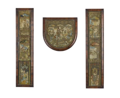 A SET OF THREE FRAMED OPUS ANGLICANUM VESTMENT NEEDLEWORK PANELS 16TH CENTURY Embroidered with gilt thread and coloured silks