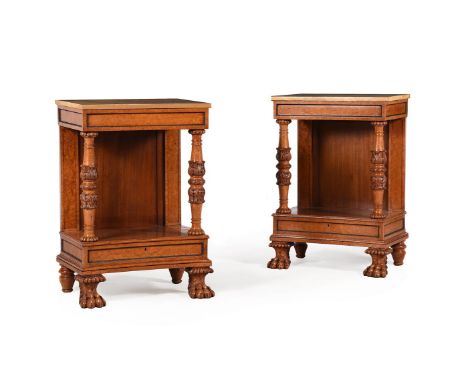 A PAIR OF AMBOYNA & MAHOGANY CONSOLE TABLESIN GEORGE IV STYLE, 20TH CENTURYEach marble top removing to a metal liner beneath 