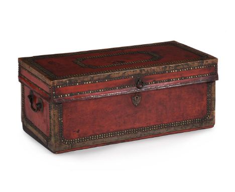 A CHINESE EXPORT RED LEATHER, BRASS BOUND AND STUDDED TRUNK19TH CENTURY28cm high, 64cm wide, 32cm deepCondition Report: There