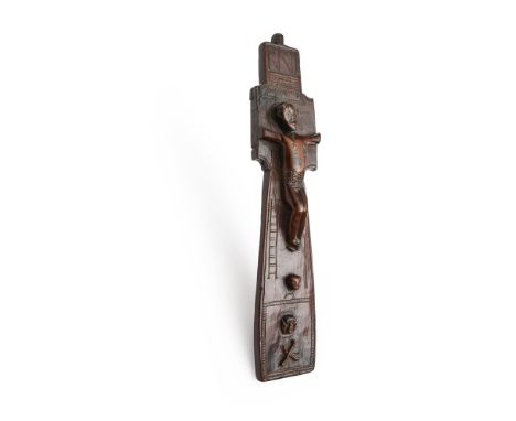 AN IRISH CARVED PENAL CROSS DATED 1759 Craved arbutus or yew, suspension loop above the front with INRI above Christ in relie
