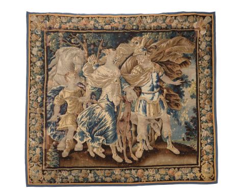 A FLEMISH MYTHOLOGICAL TAPESTRY EARLY 18TH CENTURY Depicting Diana, Mars, attendant and horse and hound, within a rich flower