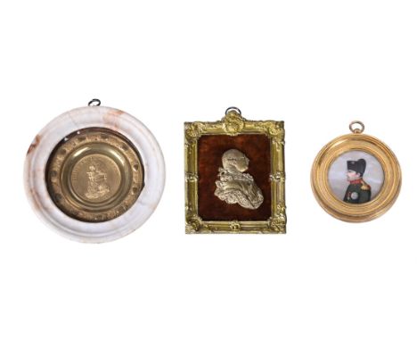A GROUP OF MINIATURE MEMORIAL PORTRAITS  19TH CENTURY  To include: a die stamped gilt metal relief portrait of Admiral Lord N