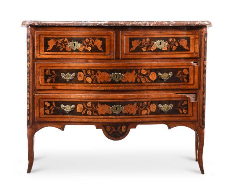 A DUTCH WALNUT AND FLORAL MARQUETRY SERPENTINE COMMODE CIRCA 1780 With a rouge griotte marble top 85cm high, 110cm wide, 57cm