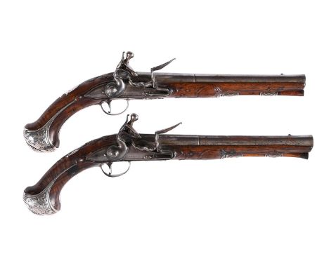 BENNETT LONDON; A PAIR OF WALNUT AND SILVER-METAL MOUNTED HOLSTER PISTOLSTHIRD QUARTER 18TH CENTURYThe steel lock-plates insc