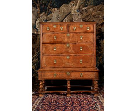 A WILLIAM & MARY BURR ELM, WALNUT AND FRUITWOOD INLAID CHEST ON STANDCIRCA 1690122cm high, 102cm wide, 58cm deepProvenance: A