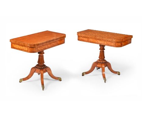 Y A PAIR OF GEORGE IV SATINWOOD, TULIPWOOD CROSSBANDED AND LINE INLAID FOLDING CARD TABLESATTRIBUTED TO GILLOWS, CIRCA 1825 e