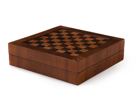 A GERMAN WALNUT AND MARQUETRY FOLDING CHESS AND BACKGAMMON BOARD18TH CENTURYWith later turned wood countersClosed 14cm high, 