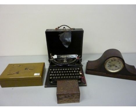 Chinese metal tea caddy L13.5cm, lacquer box decorated with cranes, vintage Remington portable typewriter and a Napoleon hat 