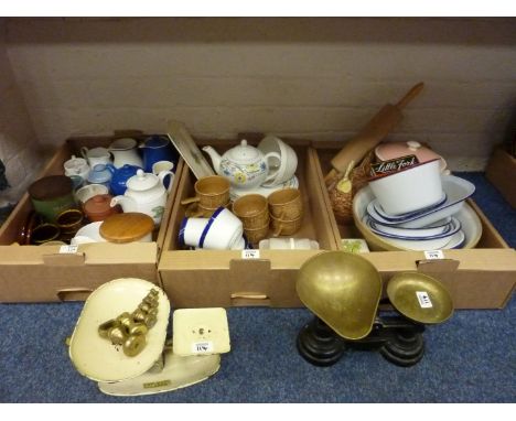 Kitchenalia - vintage Harpers enamel kitchen scales, another set of kitchen scales, enamel bowls and other kitchen ceramics i