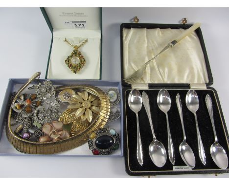 Sicura Swiss made pendant watch in coloured bark effect surround, costume jewellery, set of six hallmarked silver teaspoons c