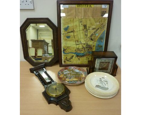 Vintage (c.1950) Graham Leach map of Whitby H55.5cm, Smiths Art Deco period mantel clock, barometer, wall mirror, set of six 