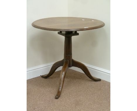 Early 19th mahogany circular top bird cage snap-top action tripod table, D72cm