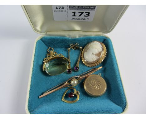 Citrine swivel fob, pair amethyst pendant ear-rings, cameo brooch all hallmarked 9ct, pearl bar brooch and ruby pendant stamp