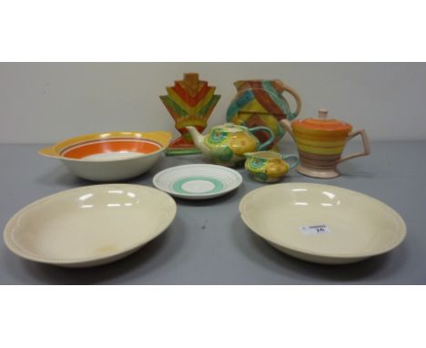 Two Clarice Cliff bowls, Art Deco period tulip vase and a similar jug, teapot and a collection of Gray's pottery