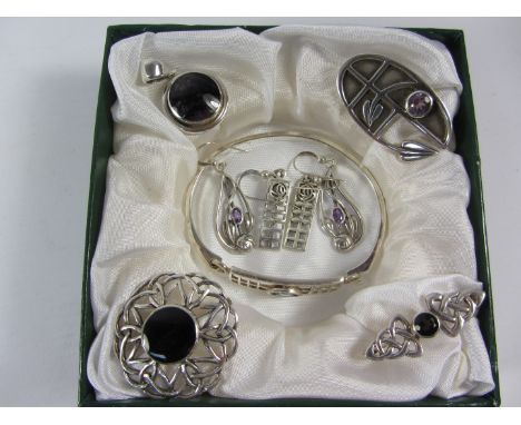 Blue John set pendant, three Mackintosh style brooches, two pairs ear-rings and bangle stamped 925