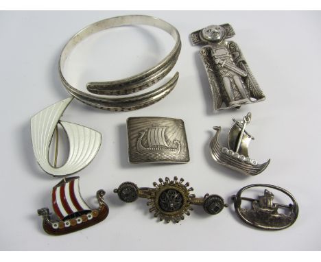 Scandinavian silver  jewellery including David Anderson bangle and Viking brooch stamped 925S, enamel brooches by Aksel Holms