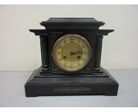 Early 20th century mantel clock in architectural ebonised wood case with Junhans movement H32cm 
