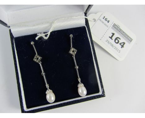 Pair of pearl and marcasite drop ear-rings stamped 925