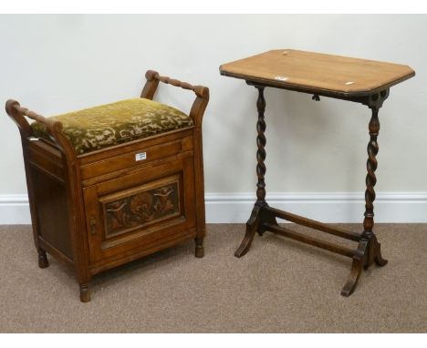 Edwardian piano stool with hinged lid seat and oak barley twist firescreen table 