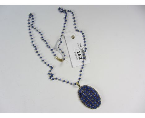 Large unpolished sapphire bead set gold plated pendant necklace stamped 925