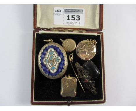 Victorian and later lockets, jet lace pin, ruby bar brooch stamped 9ct etc