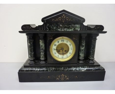 Victorian mantel clock in architectural slate case with green veined marble pillars H39cm 