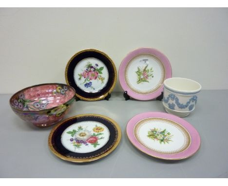 Pair Royal Worcester plates painted with floral sprays (1877), pair Limoges plates, Maling bowl and a Wedgwood Embossed Queen