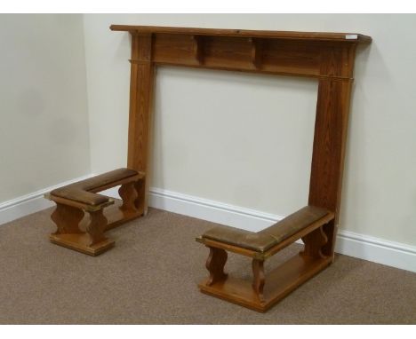 Pine fire surround with club fender corner seats with upholstered tops, W153cm x H111cm x D68cm