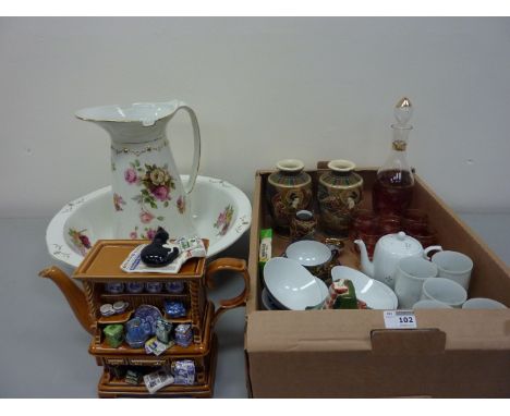 Japanese Satsuma vases H19cm, a similar smaller vase, cup and saucer and other oriental ceramics,T.R. & Co. basin and ewer wi