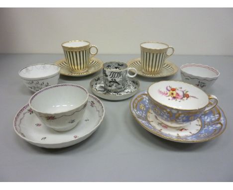 Pair 19th century cups and saucers retailed by Storey & Son London, two other cabinet cups and saucers, 19th century tea bowl