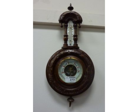 Edwardian aneroid barometer and thermometer in carved case H45cm 

