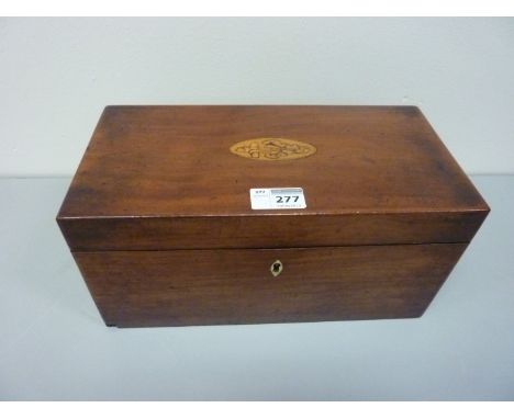 Early 19th century mahogany three division tea caddy with inlaid oak leak and acorn motif  L30cm 