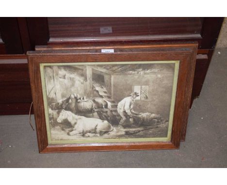 PAIR OF OAK FRAMED PRINTS, STABLE INTERIOR SCENES