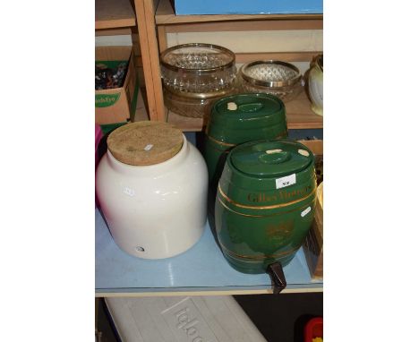 TWO GILBEY SPIRIT BARRELS PLUS A FURTHER WHITE CERAMIC JAR