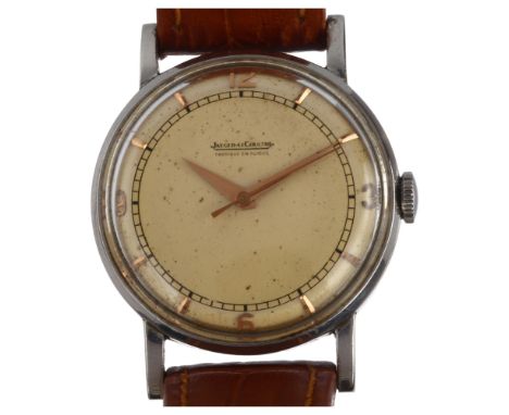 JAEGER LECOULTRE - a Vintage stainless steel mechanical wristwatch, circa 1950s, silvered dial with gilt quarterly Arabic num