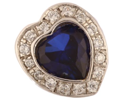 A modern Continental 18ct white gold synthetic sapphire and diamond heart cluster ring, set with heart-cut sapphire and moder