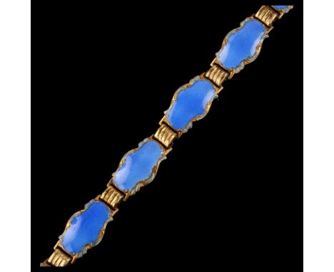 HANS MYHRE - an Art Deco Norwegian sterling silver and blue enamel panel bracelet, length 18.5cm, 18.7gClasp in need or repai