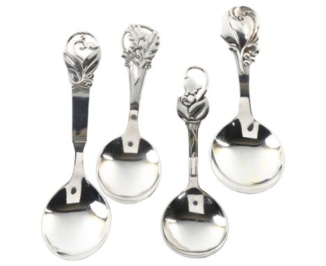 4 Art Nouveau Danish silver caddy and preserve spoons, maker's include Carl M Cohr, largest length 13cm, 2.1oz totalNo damage