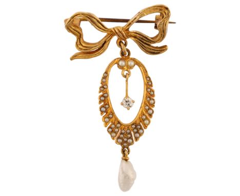 A mid-20th century 14ct and 9ct gold pearl and diamond ribbon drop brooch, hallmarks Birmingham 1963, brooch height 42.2mm, 3
