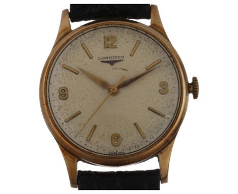 LONGINES - a 9ct gold mechanical wristwatch, ref. 13322, silvered dial with gilt quarterly Arabic numerals and sweep centre s