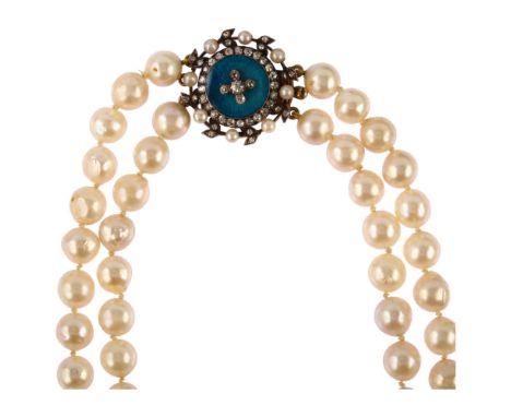 A double-strand cultured pearl necklace, with unmarked gold pearl diamond and blue enamel clasp, total diamond content approx