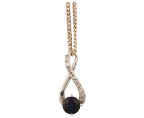 A modern 9ct white gold sapphire and diamond infinity pendant necklace, on sterling silver fine curb link chain, pendant heig