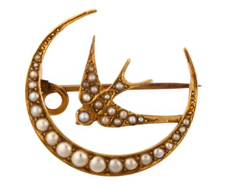 A Victorian 15ct gold split pearl swallow and crescent moon brooch, maker's marks HG & S, hallmarks Chester 1894, brooch diam