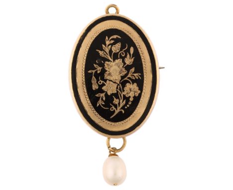 A Victorian pearl and black enamel mourning pendant/brooch, unmarked yellow metal settings with engraved floral motif and bev