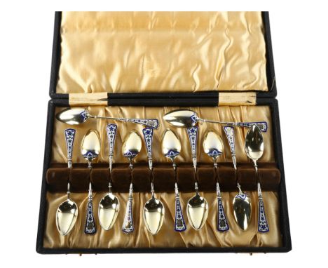 A set of 12 Norwegian vermeil silver and polychrome enamel coffee spoons, length 11cmGeneral wear to high points, a few small