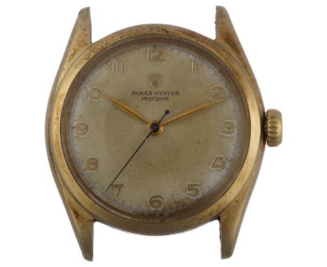 ROLEX - a 10K gold Oyster Precision mechanical wristwatch head, ref. 6022, circa 1952, silvered dial with gilt Arabic numeral