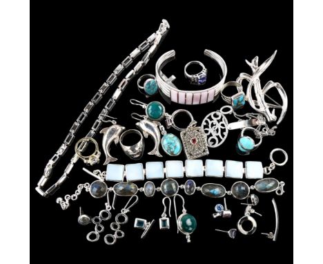 Various silver jewellery, including labradorite bracelet, dolphin earrings, brooch etc, 258gLot sold as seen unless specific 