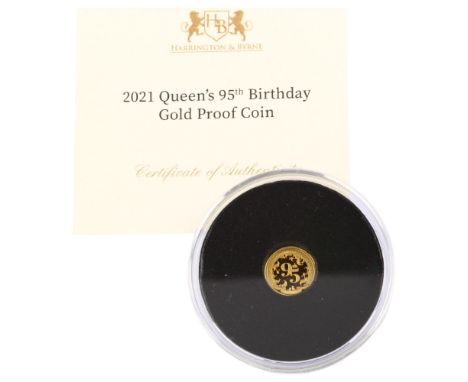 A Queen Elizabeth II 2021 Queen's 95th Birthday gold proof coin, limited edition of 9500, diameter 11mm, 0.5g, cased with cer